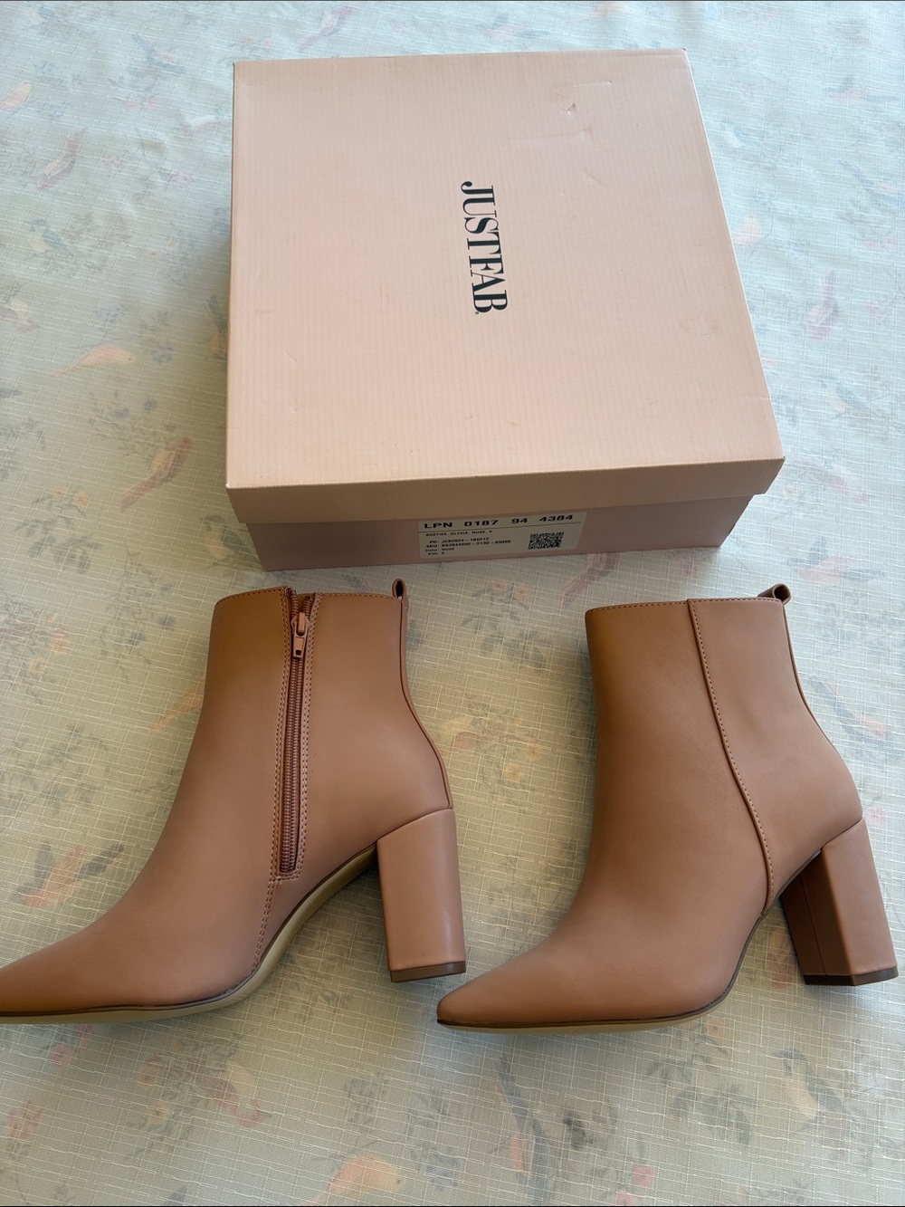 JustFab Taupe/Tan Pointed Toe Block-Heel Ankle Boots